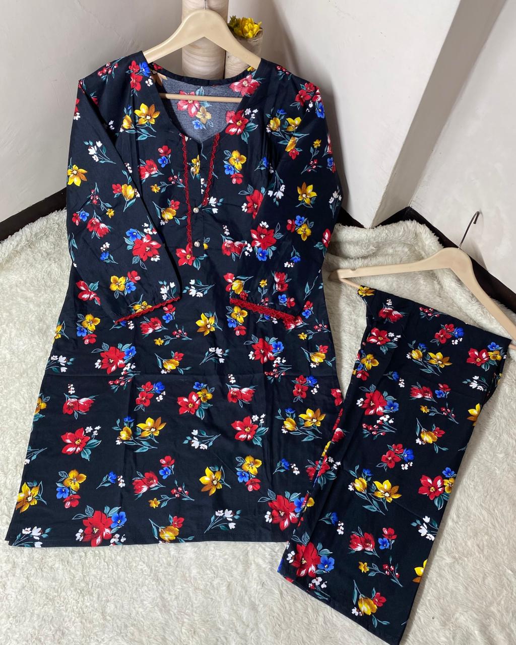 Printed 2pc Shirt and Trouser Printed with Lace Work Good Stitching 💯