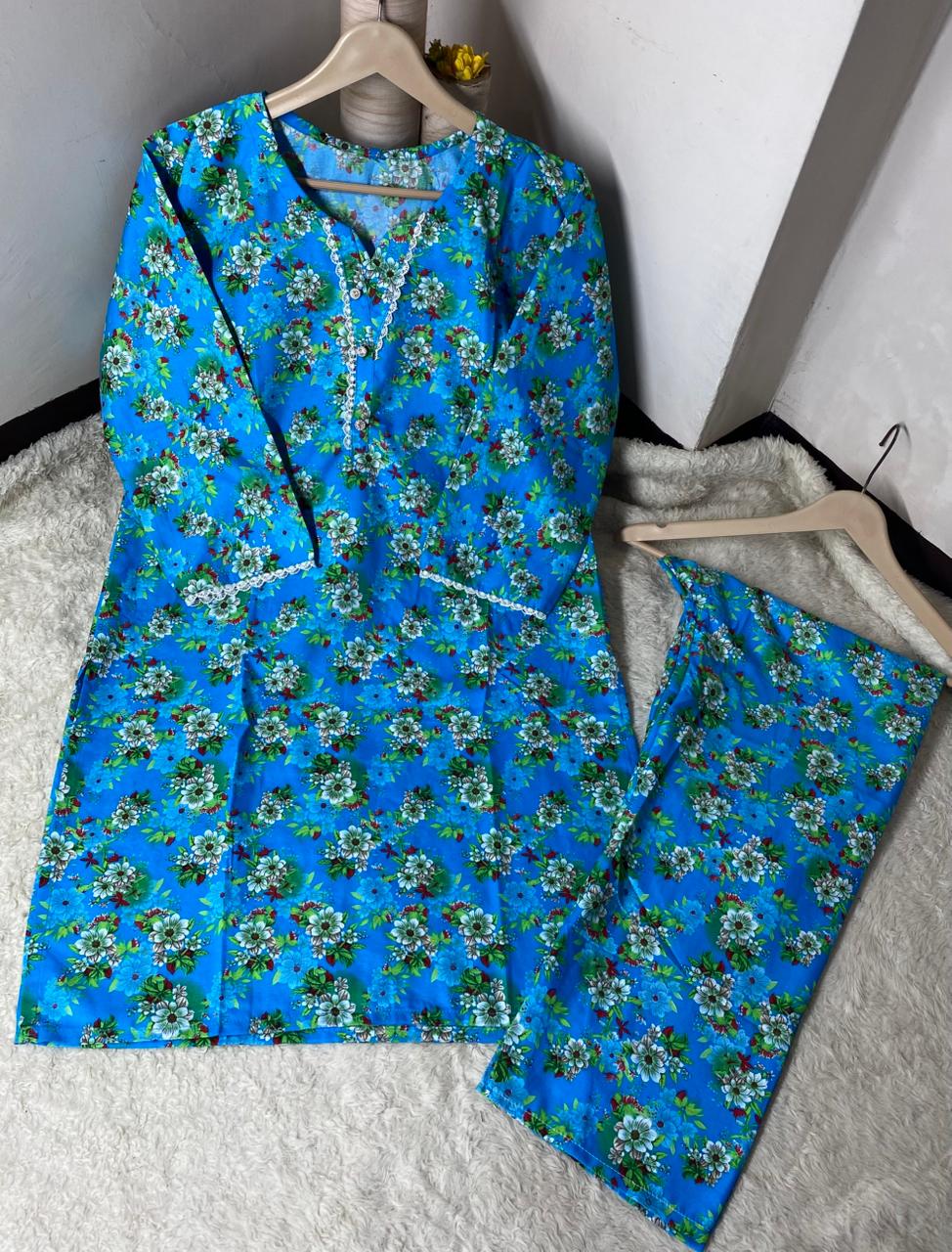 Printed 2pc Shirt and Trouser Printed with Lace Work Good Stitching 💯