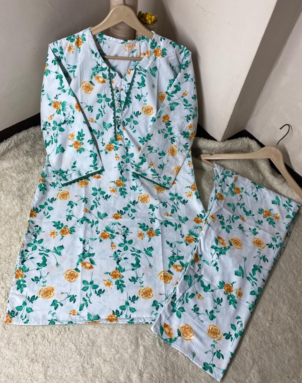 Printed 2pc Shirt and Trouser Printed with Lace Work Good Stitching 💯