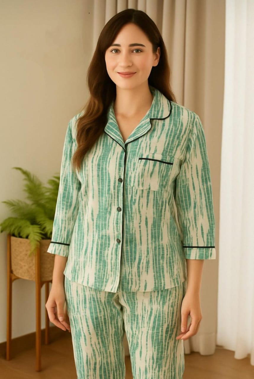 Printed pajama shirt with scrunchies