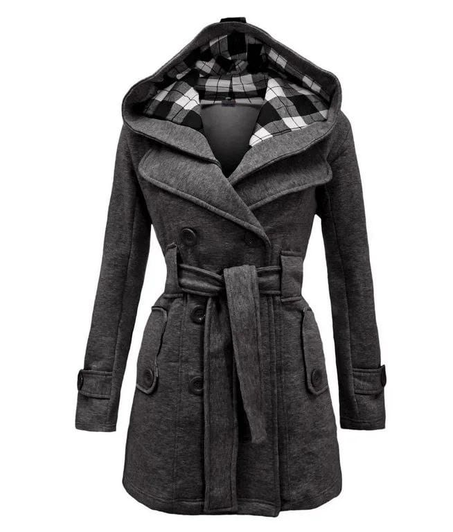 Women's Check Hooded Style Double Pocket Winter Long Coat