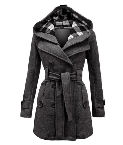 Women's Check Hooded Style Double Pocket Winter Long Coat