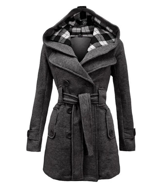 Women's Check Hooded Style Double Pocket Winter Long Coat