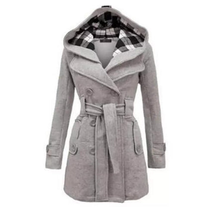 Women's Check Hooded Style Double Pocket Winter Long Coat
