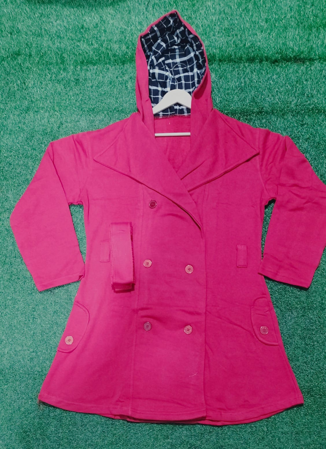 Women's Check Hooded Style Double Pocket Winter Long Coat