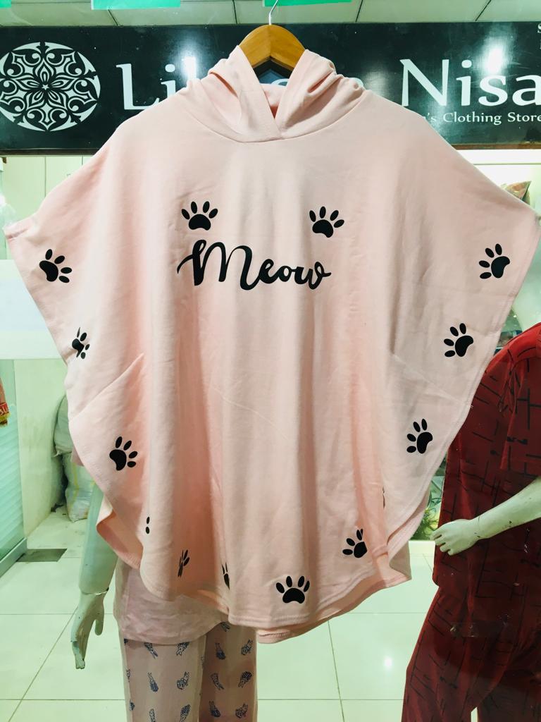 Round Style Meow Hooded Poncho For Women