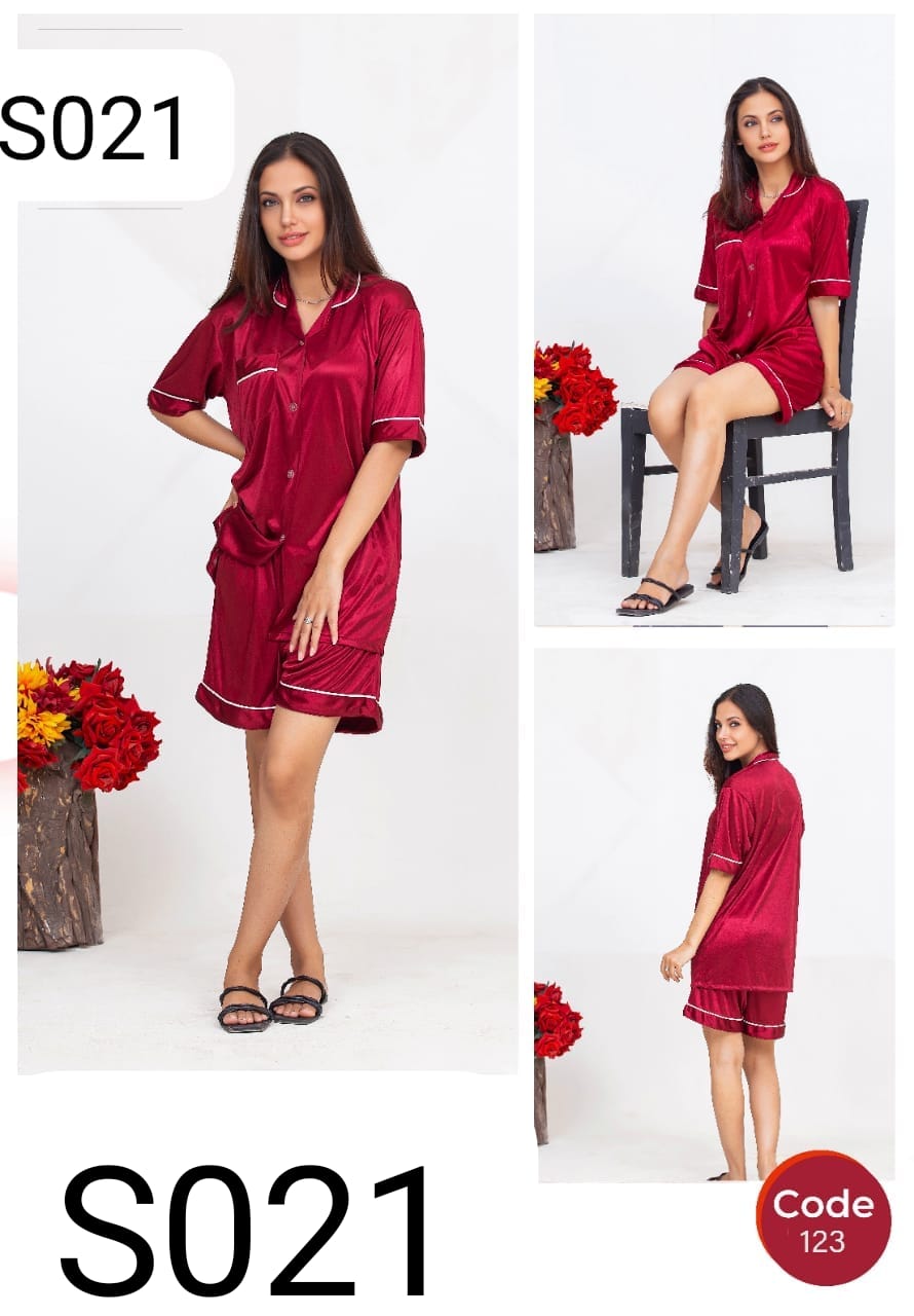 Pipin Silk Night Suit Shirt Short Set
