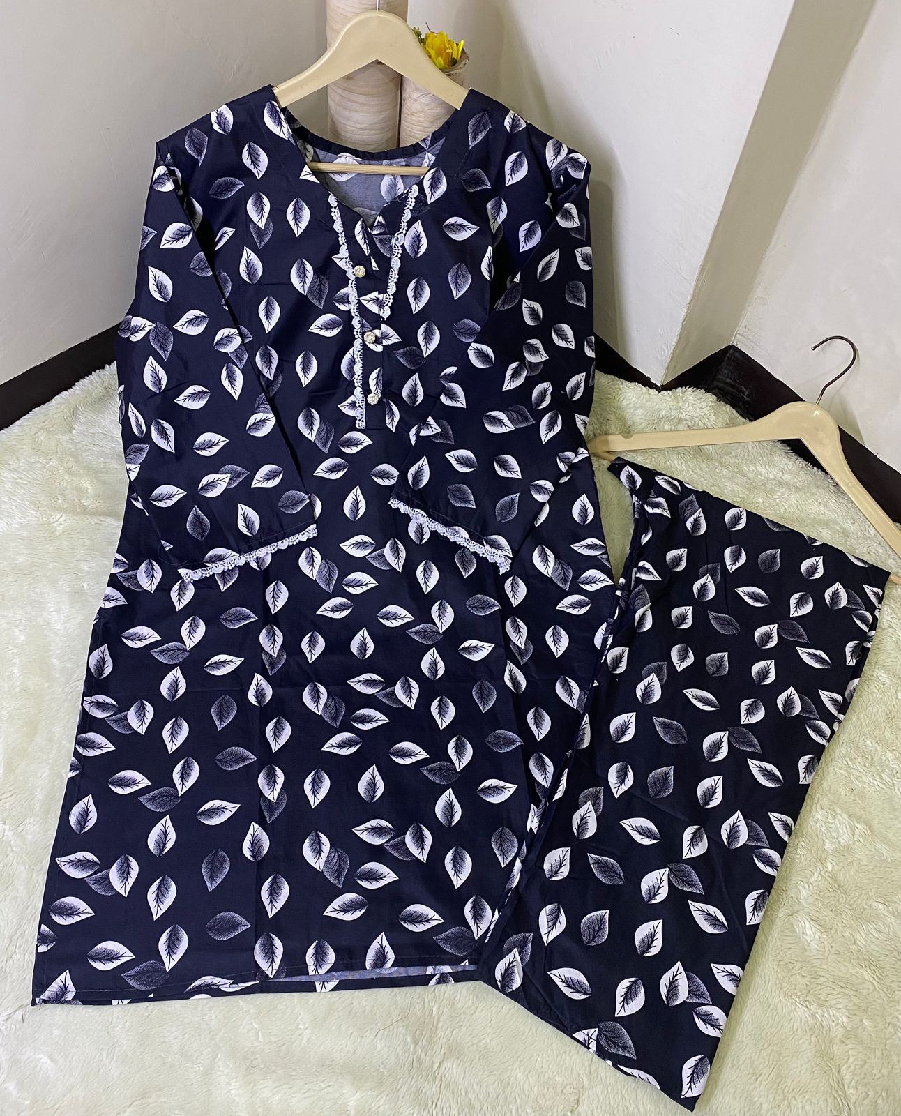 Printed 2pc Shirt and Trouser Printed with Lace Work Good Stitching 💯
