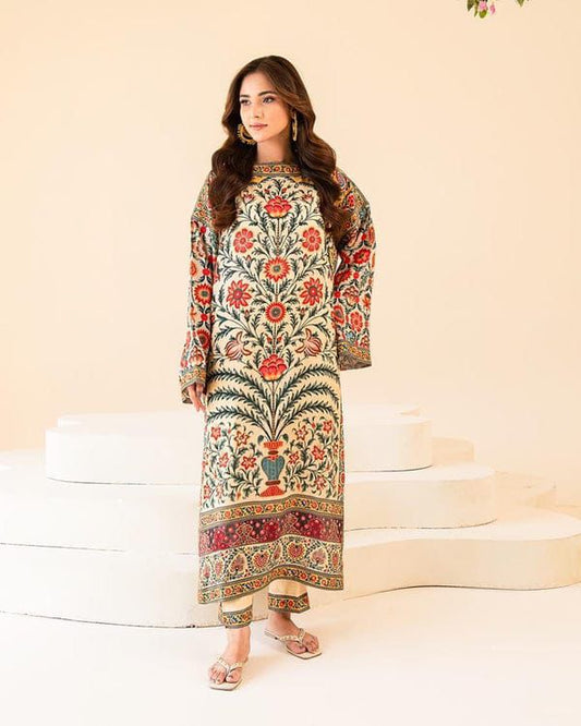 2 pc Suit Long & Digital Printed Shirt With Bell Bottom Trouser