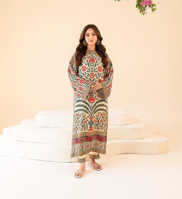 2 pc Suit Long & Digital Printed Shirt With Bell Bottom Trouser