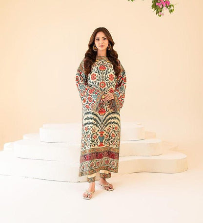 2 pc Suit Long & Digital Printed Shirt With Bell Bottom Trouser