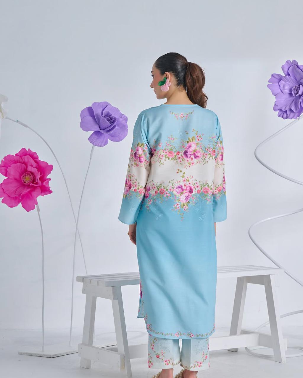 2pc Suit Long & Digital Printed Shirt With Bell Bottom Trouser