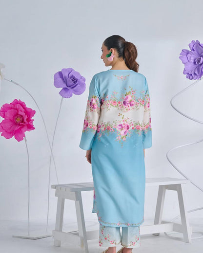 2pc Suit Long & Digital Printed Shirt With Bell Bottom Trouser