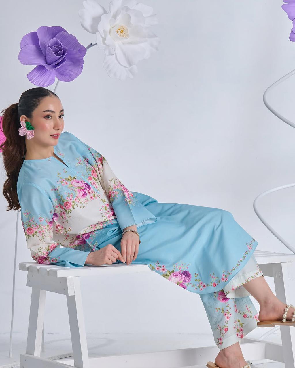 2pc Suit Long & Digital Printed Shirt With Bell Bottom Trouser