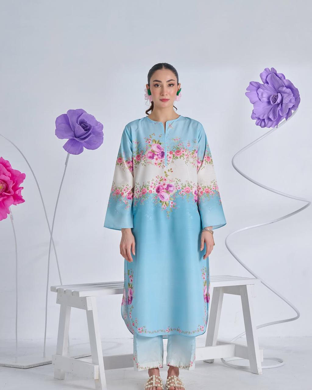 2pc Suit Long & Digital Printed Shirt With Bell Bottom Trouser
