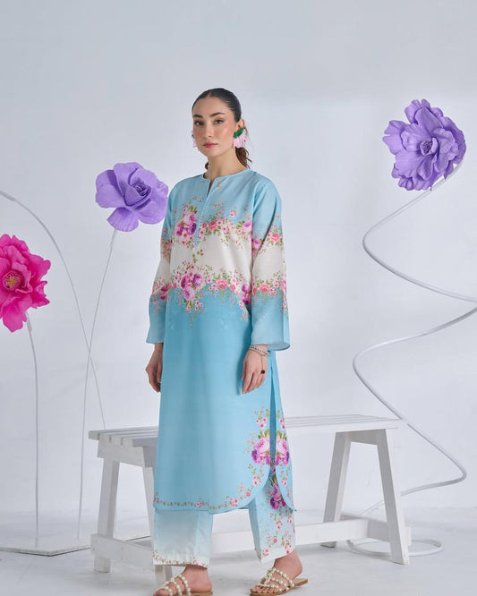 2pc Suit Long & Digital Printed Shirt With Bell Bottom Trouser