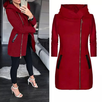 Women Long Leather Patch Side Zipper Jacket For Her.