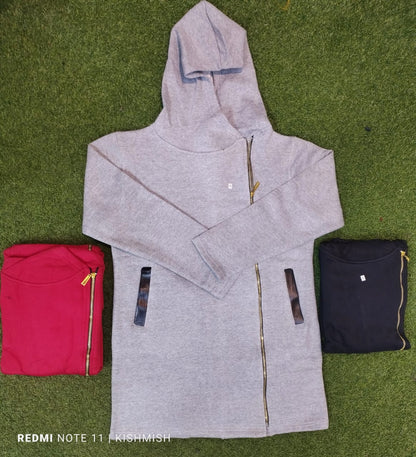 Women Long Leather Patch Side Zipper Jacket For Her.