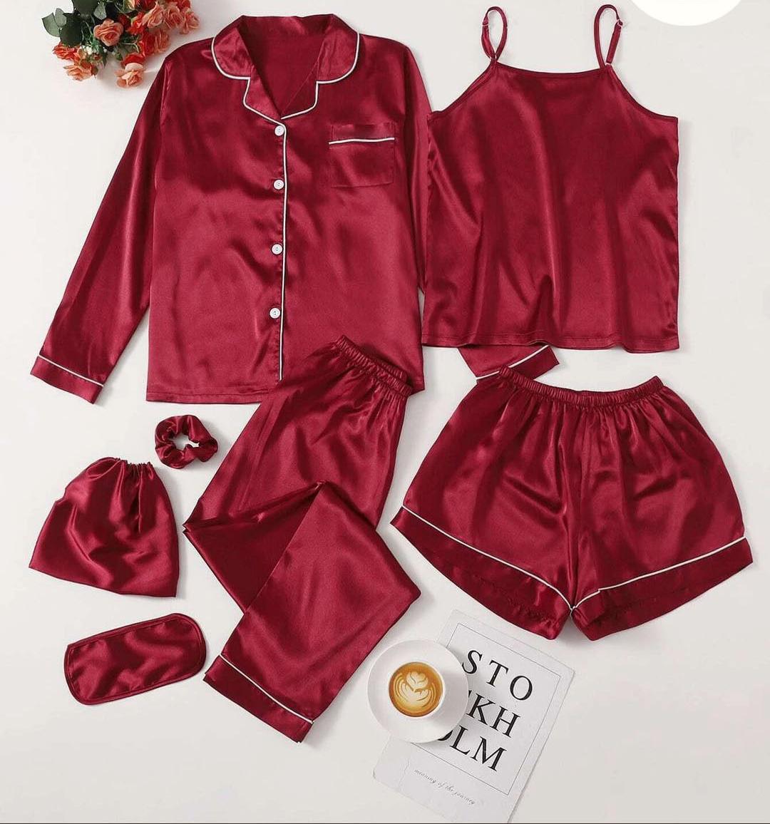 7Pcs Silk Piping Night suit